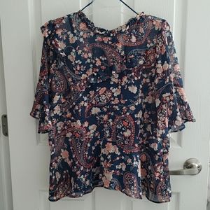 NWOT Blue & Peach Floral Peplum Top